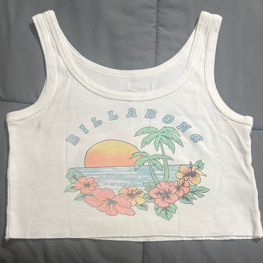 Billabong White Crop Top with Tropical Design